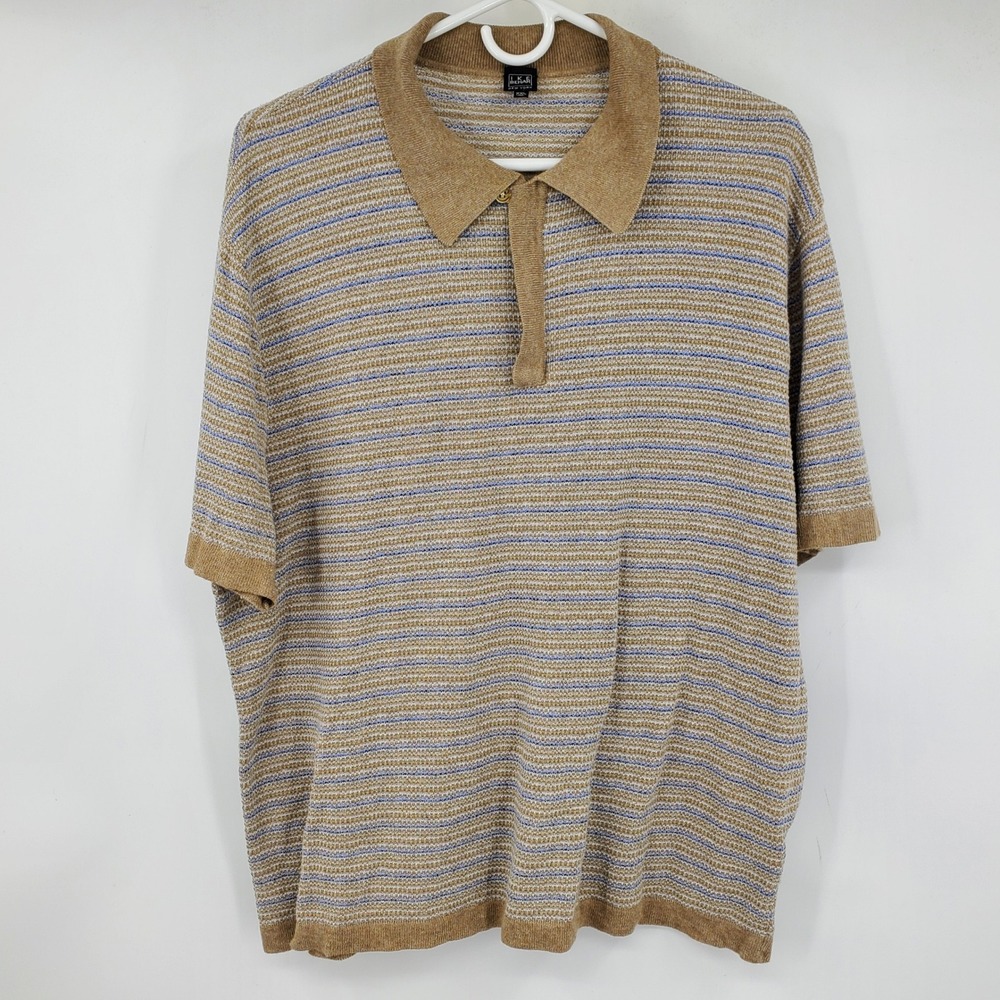 Ike Behar New‎ York Mens XXL Knit Polo Shirt Made in Italy Tan Blue Striped Zip